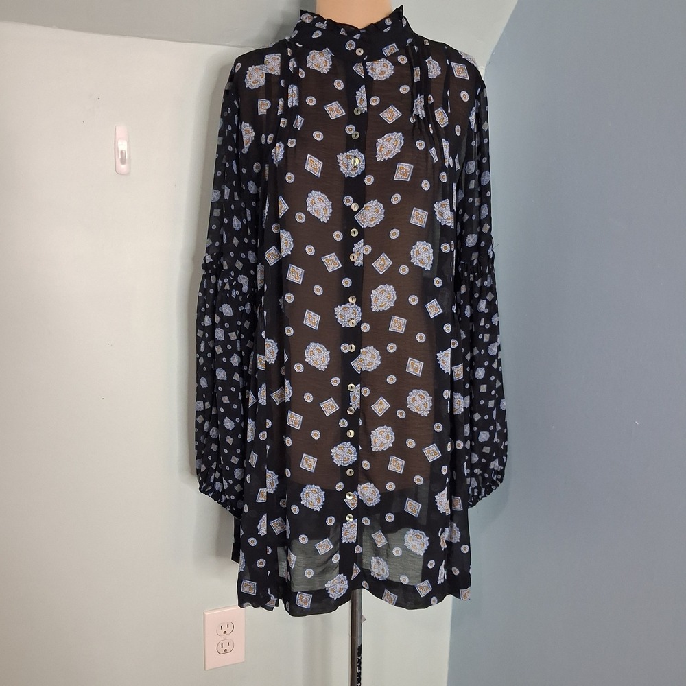 Free People Sheer Boho Medallion Print Button Down Tunic Dress Black Blue Medium